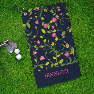 Serviette De Golf Floral Rose Rose Vine Marine Élégant Personnalisé