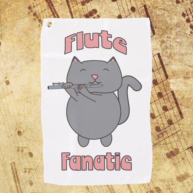 Serviette De Golf Flute Fantic Musical Gray Cat Pink (A golf towel featuring a gray cat playing the flute with the words flute fanatic in pink.)