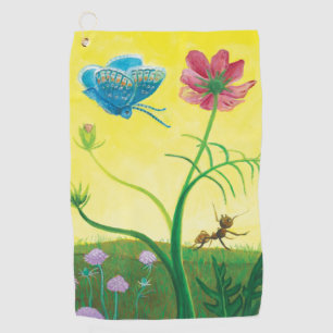 Serviette De Golf Fourmi et papillon dans une prairie de fleurs sauv