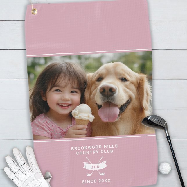 Serviette De Golf Fun Photo Moderne Monogramme Golfer Club Pro Rose (Créateur téléchargé)