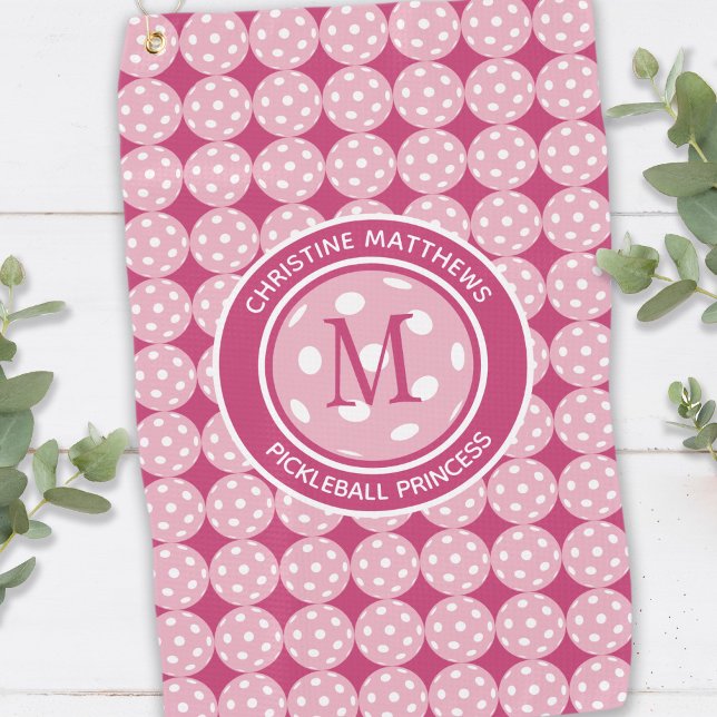 Serviette De Golf Fun Pickleball Princesse Rose Fille Amusante Moder (Cute Pickleball Sports Pro Princess Custom Name & Initial Pink White Girly Funny Court Towel For Her)