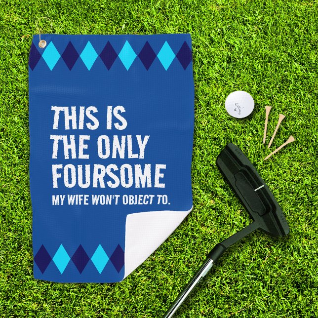 Serviette De Golf Funny Jacquard Bleu C'est le Seul ... (this is the only foursome ... blue argyle golf towel with putter, ball, and 3 tees on golf green)