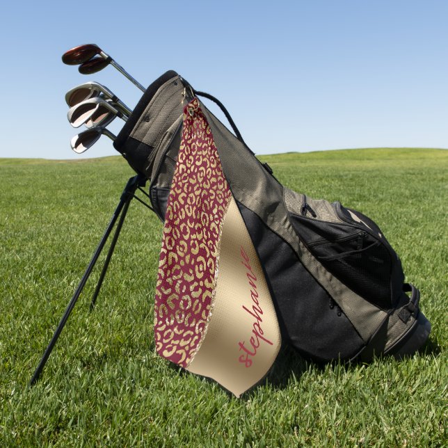 Serviette De Golf Glam Gold Foil Leopard Spots Bourgogne Nom (Vert)