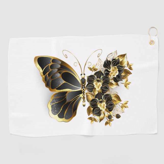 Serviette De Golf Gold flower Butterfly with Black Orchid (Horizontal)