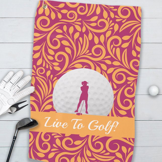 Serviette De Golf Golfer Feminine Lady Silhouette rose Orange Girl (Live To Golf Lady Golfer Silhouette Pink Orange Golf Towel For Her)