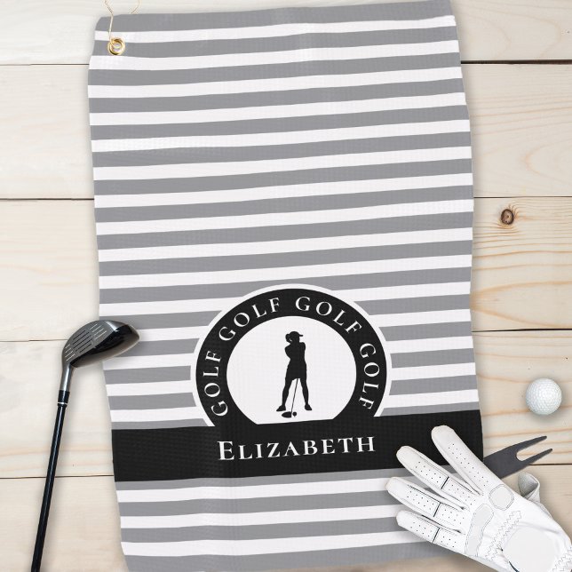 Serviette De Golf Golfer Nom Femme Silhouette Gris Noir Monogramme (Golfer Name Female Silhouette Gray Black Monogram Golf Towel)