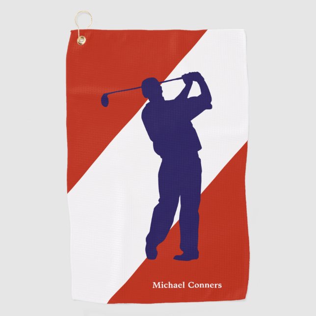 Serviette De Golf Golfeur bleu de la Marine sur blanc rouge (Devant)