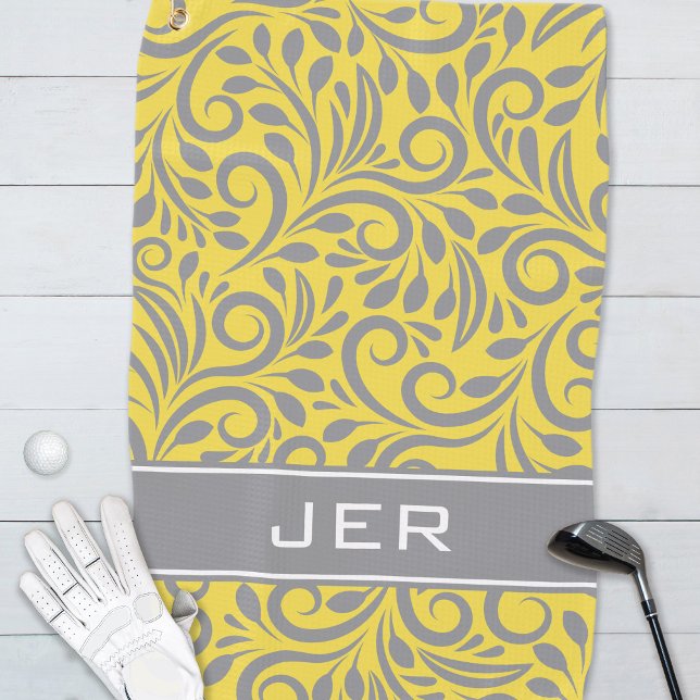 Serviette De Golf Golfeur | Motif Abstrait monogramme gris jaune (Créateur téléchargé)