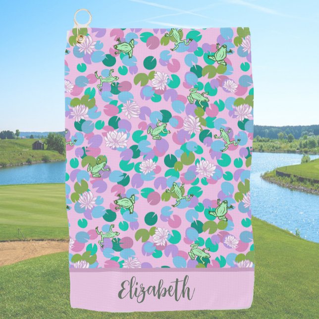 Serviette De Golf Grenouilles rose et verte nom personnalisé dames (Créateur téléchargé)