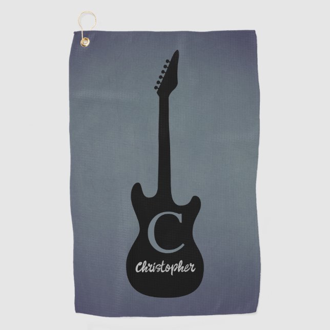 Serviette De Golf Guitare électrique gris bleu monogramme (Devant)