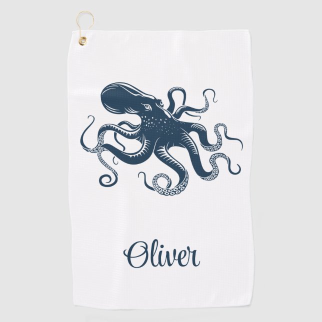 Serviette De Golf Illustration nautique de la pieuvre bleue marine (Devant)