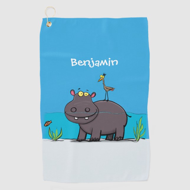 Serviette De Golf Ippopotame drôle mignon avec dessin animé d'oiseau (Devant)