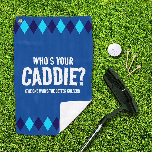 Serviette De Golf Jacquard Bleu Drôle Qui est Ton Caddie ? ... (who's your caddie? blue argyle golf towel cover photo with putter, ball, and 3 tees on golf green)