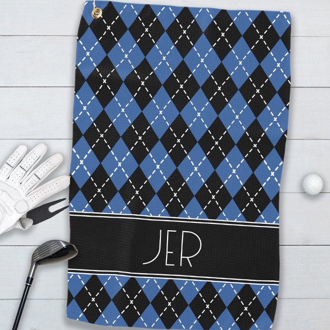 Serviette De Golf Jacquard Plaid Personnalisé Monogramme Initiales N (Argyle Plaid Custom Monogram Initials Black Blue Golf Towel)
