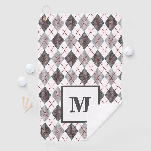 Serviette De Golf Jacquard Plaid Red Grey Silver Golf Custom Monogra (En situation)