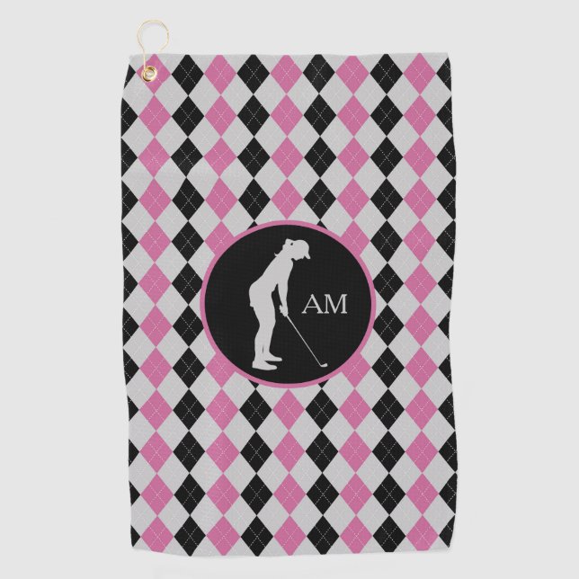 Serviette De Golf Jacquard rose noir Silhouette Golfer Monogramme (Devant)