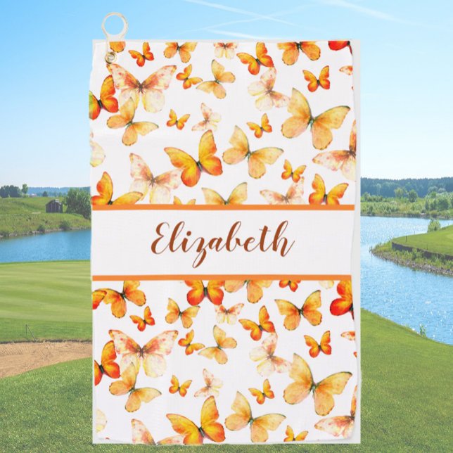 Serviette De Golf Joli papillon orange avec nom personnalisé dames (Créateur téléchargé)