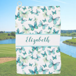 Serviette De Golf Joli papillon turquoise avec nom personnalisé dame