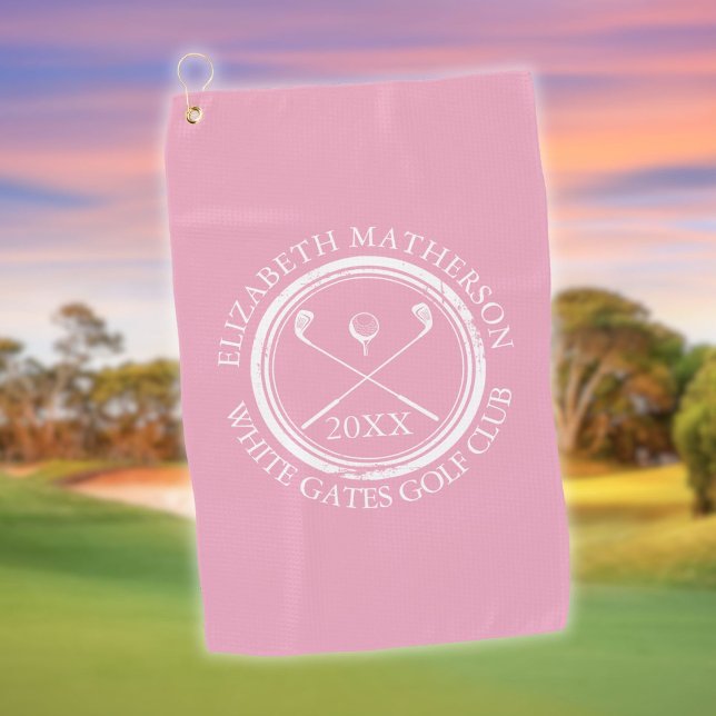 Serviette De Golf Jolie fille Pink Golfer's Nom du club et date (Pretty Girly Pink Golfer's Name Club Name and Date Golf Towel)