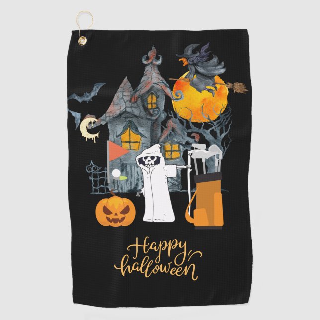 Serviette De Golf Jour d'Halloween de golf avec citrouille squelette (Devant)
