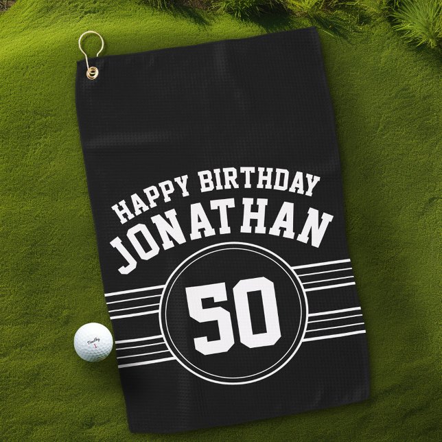 Serviette De Golf Joyeux Anniversaire Sports avec Age Blanc Noir (Personalized Golf Towel)