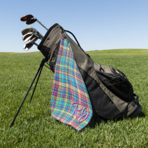 Serviette De Golf Kaleidoscope Plaid Bleu, Violet, Jaune Turquoise