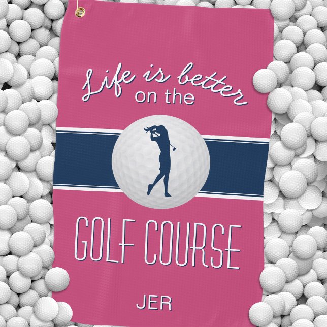 Serviette De Golf La vie est meilleure Citation Golf Monogramme Hot  (Life is Better Quote Golf Monogrammed Hot Pink Golf Towel)