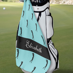 Serviette De Golf Lady Golfer Nom Customisé Motif Turquoise Noir
