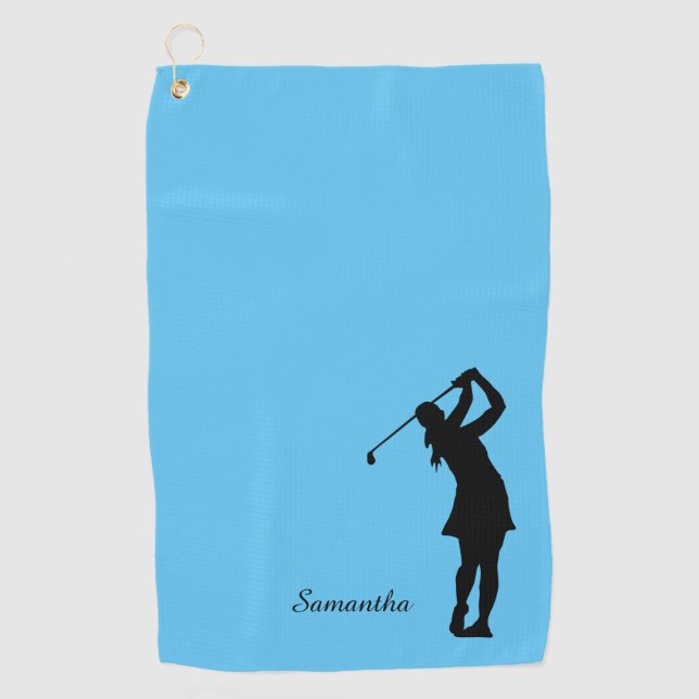 Serviette De Golf Lady Golfer Silhouette Monogramme bleu noir (Devant)