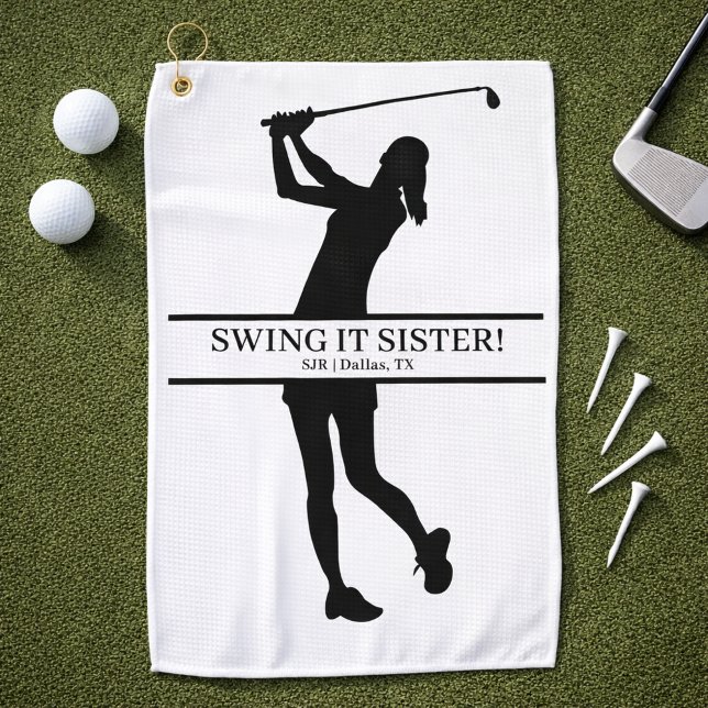 Serviette De Golf Lady Golfer Silhouette Personalized Monogram (Personalize with initials, city state.  Change the caption too, if you wish)