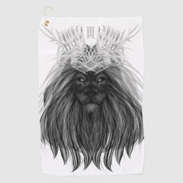 Serviette De Golf Lion noir avec couronne Antlers et monogramme (Devant)