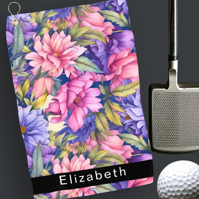 Serviette De Golf Lush Pink and Purple Flowers Personalized (Créateur téléchargé)