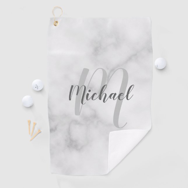 Serviette De Golf Marbre blanc moderne Monogramme et nom personnalis (En situation)