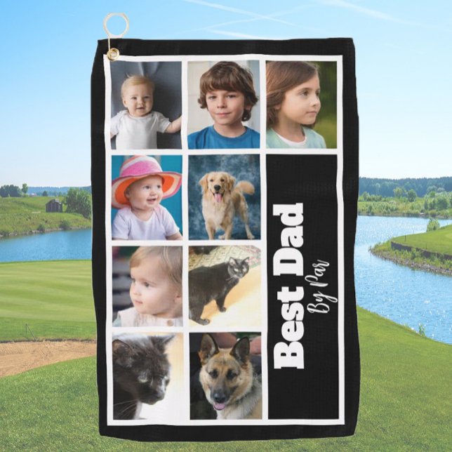Serviette De Golf Meilleur papa Modèle 9 Famille Photo Collage noir (Créateur téléchargé)
