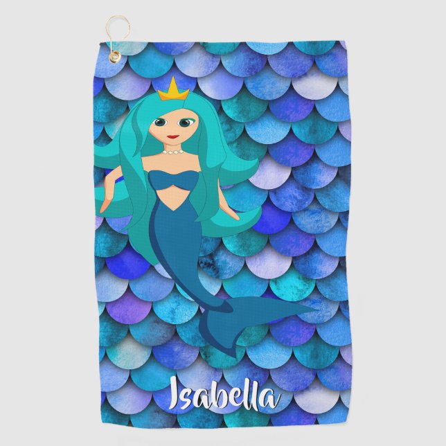 Serviette De Golf Mermaid princesse bleu violet échelle motif nom (Devant)