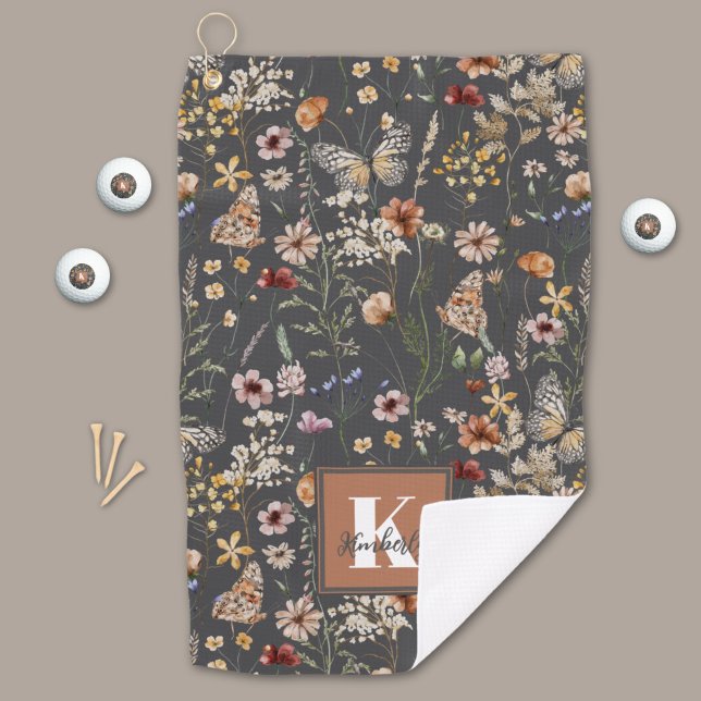 Serviette De Golf Modern Boho Floral Monogram Name (Créateur téléchargé)