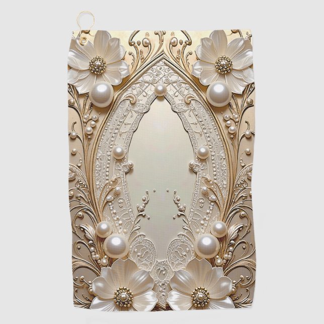 Serviette De Golf Modern White Flowers Pearls Golf Towel (Devant)