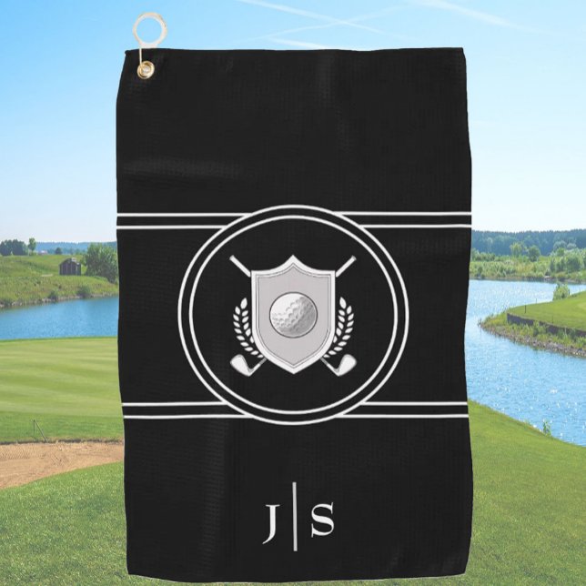 Serviette De Golf Moderne élégant noir et blanc élégant Monogramme (Créateur téléchargé)