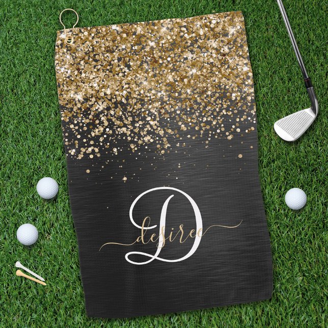 Serviette De Golf Monogramme à étincelle noire à Parties scintillant (Créateur téléchargé)