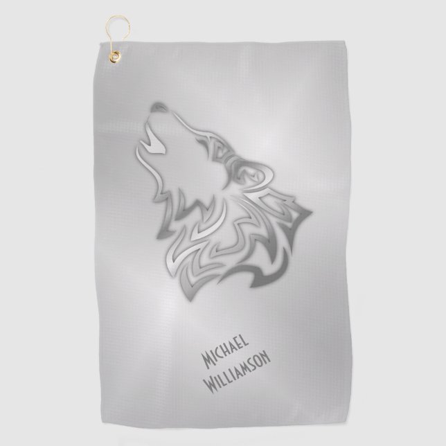 Serviette De Golf Monogramme argenté tribal de loup Howf  (Devant)