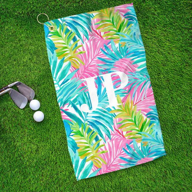 Serviette De Golf Monogramme coloré Feuilles tropicaux personnalisés (Créateur téléchargé)
