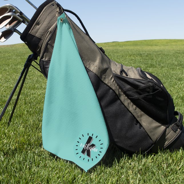 Serviette De Golf Monogramme de nom initial bleu sarcelle (Cute Script Initial Name Monogram Golf Towel)