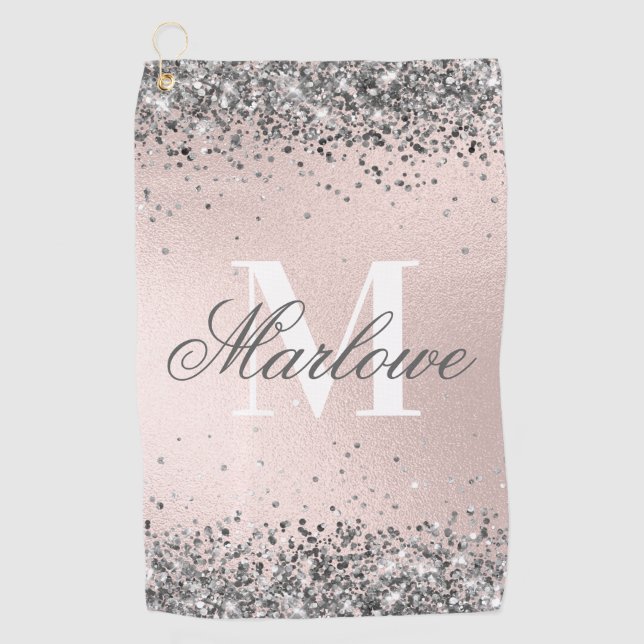Serviette De Golf Monogramme de Parties scintillant rose et argenté (Devant)