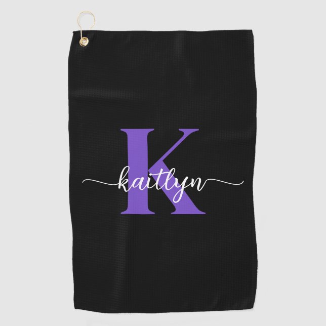 Serviette De Golf Monogramme de script violet noir (Devant)