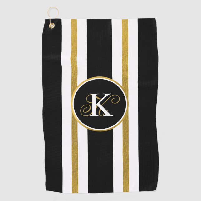 Serviette De Golf Monogramme Elégant Noir & Or Personnalisé (Devant)