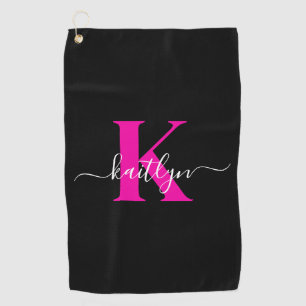 Serviette De Golf Monogramme élégant noir rose vif écriture