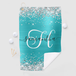 Serviette De Golf Monogramme en argent et bleu turquoise