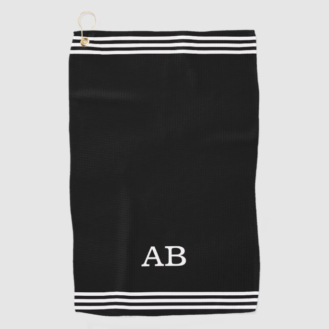 Serviette De Golf Monogramme et trois bandes sur noir (Devant)