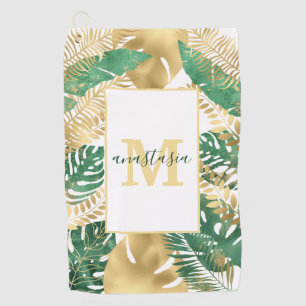 Serviette De Golf Monogramme Feuille Tropical Vert Or Moderne