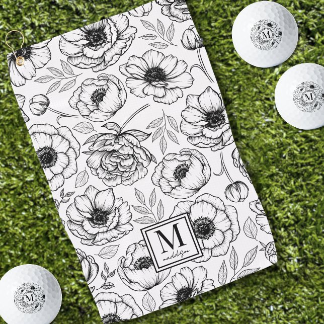 Serviette De Golf Monogramme Floral Noir et Blanc (Elegant Floral Pattern Initial Monogram Golf Towel)